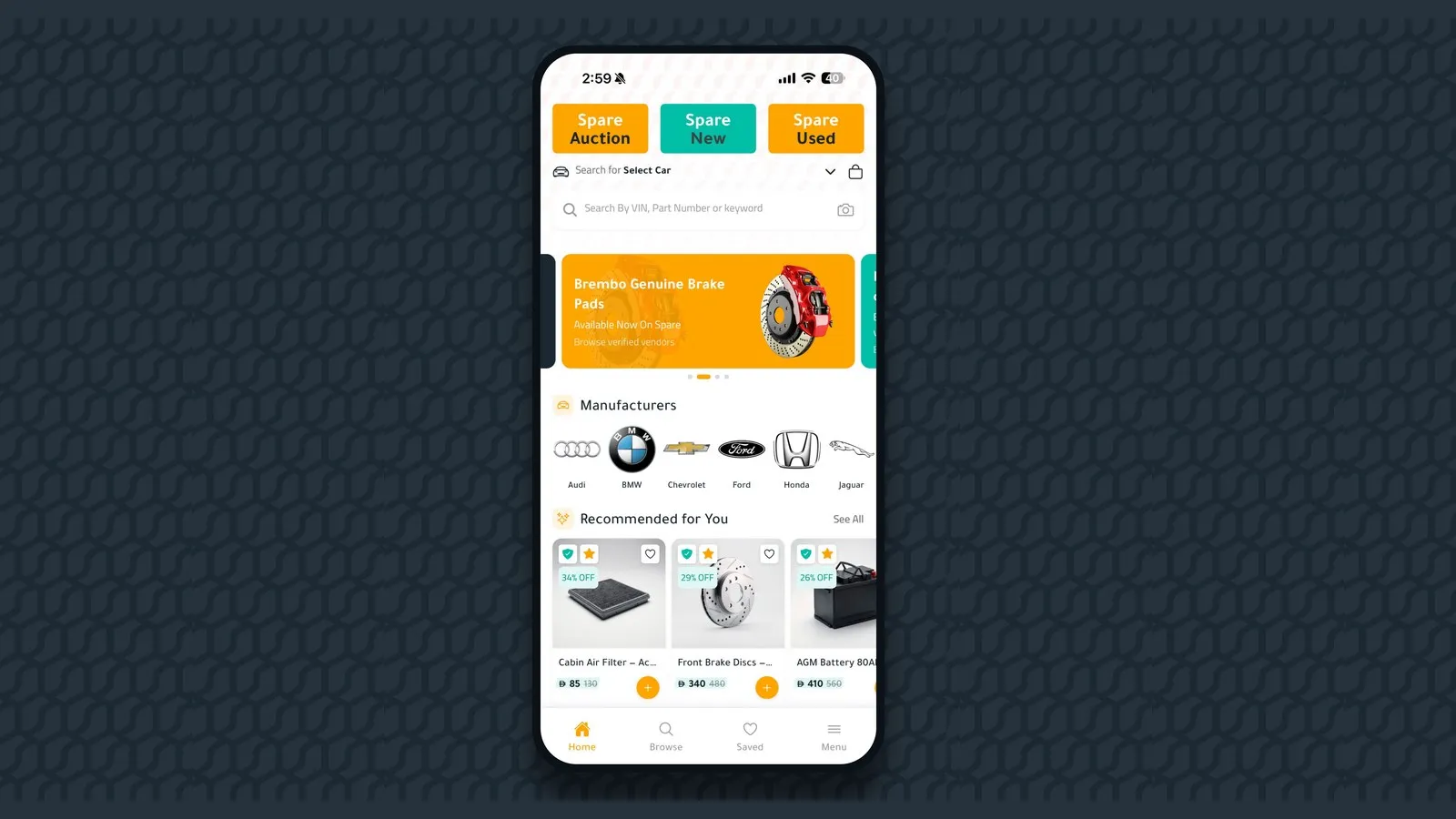 The Spare app home screen with Spare Auction, Spare New and Spare Used, search by VIN, part number or photo, and recommended parts