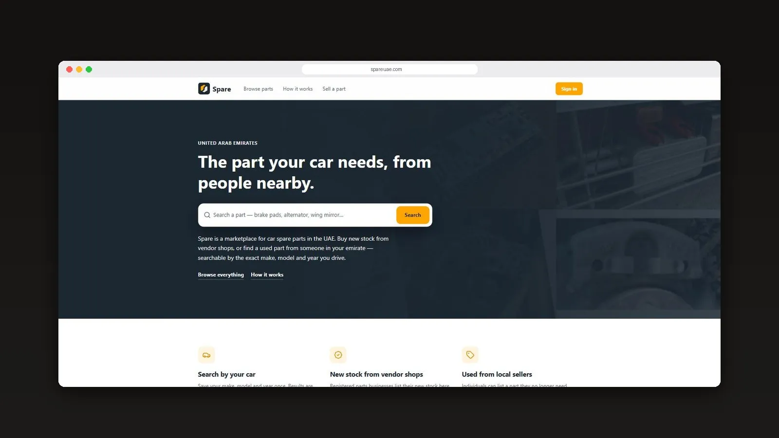 The Spare website homepage at spareuae.com, with search for car parts by make, model and year