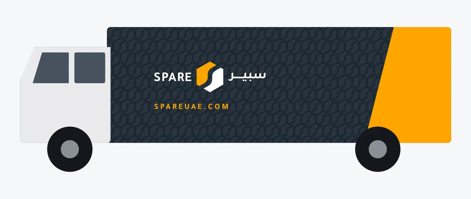 Delivery van livery in Spare navy and orange with the Spare wordmark in English and Arabic
